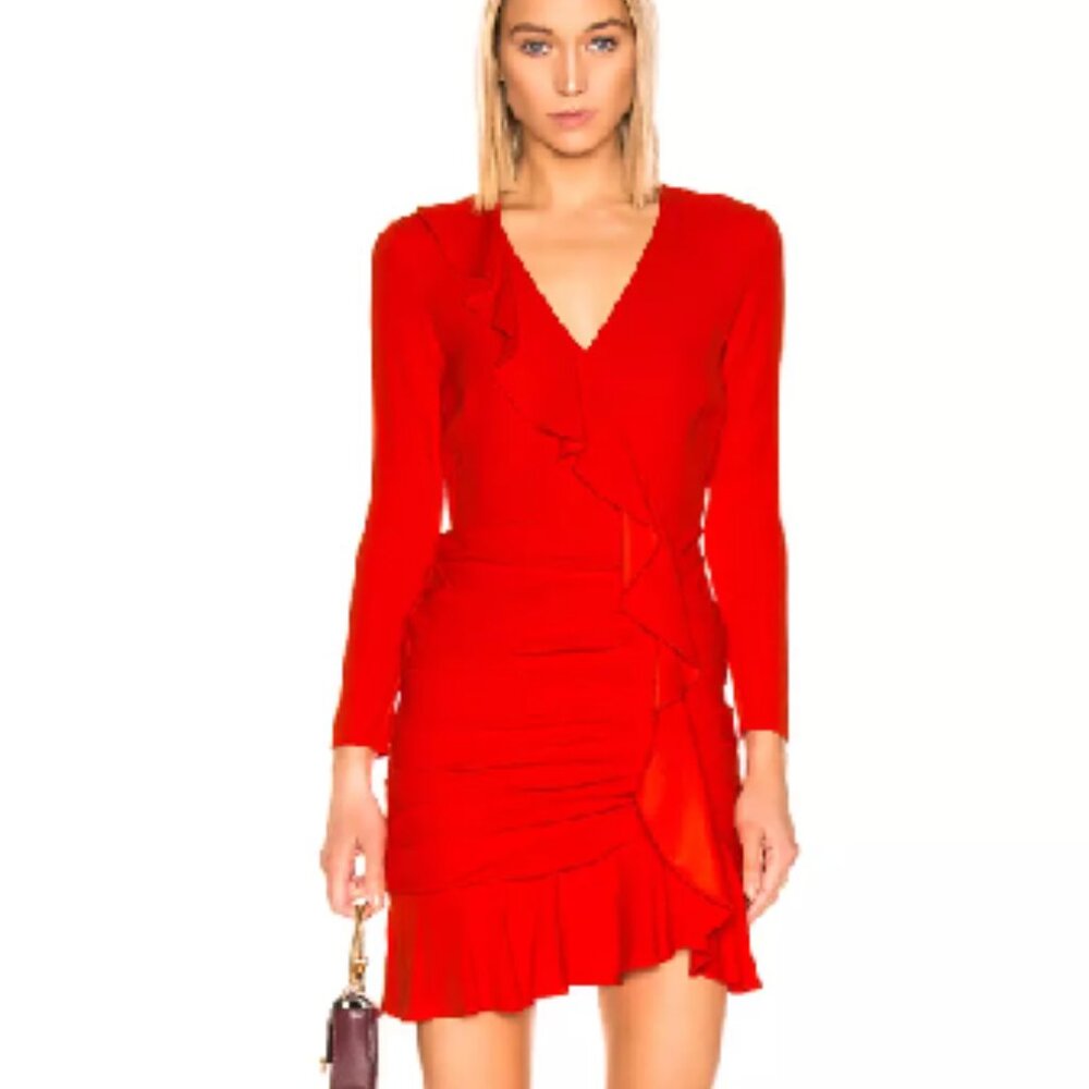 VERONICA BEARD Poppy Red Orange ODESSA Silk Ruffle V-Neck Zip Mini-Dress 8